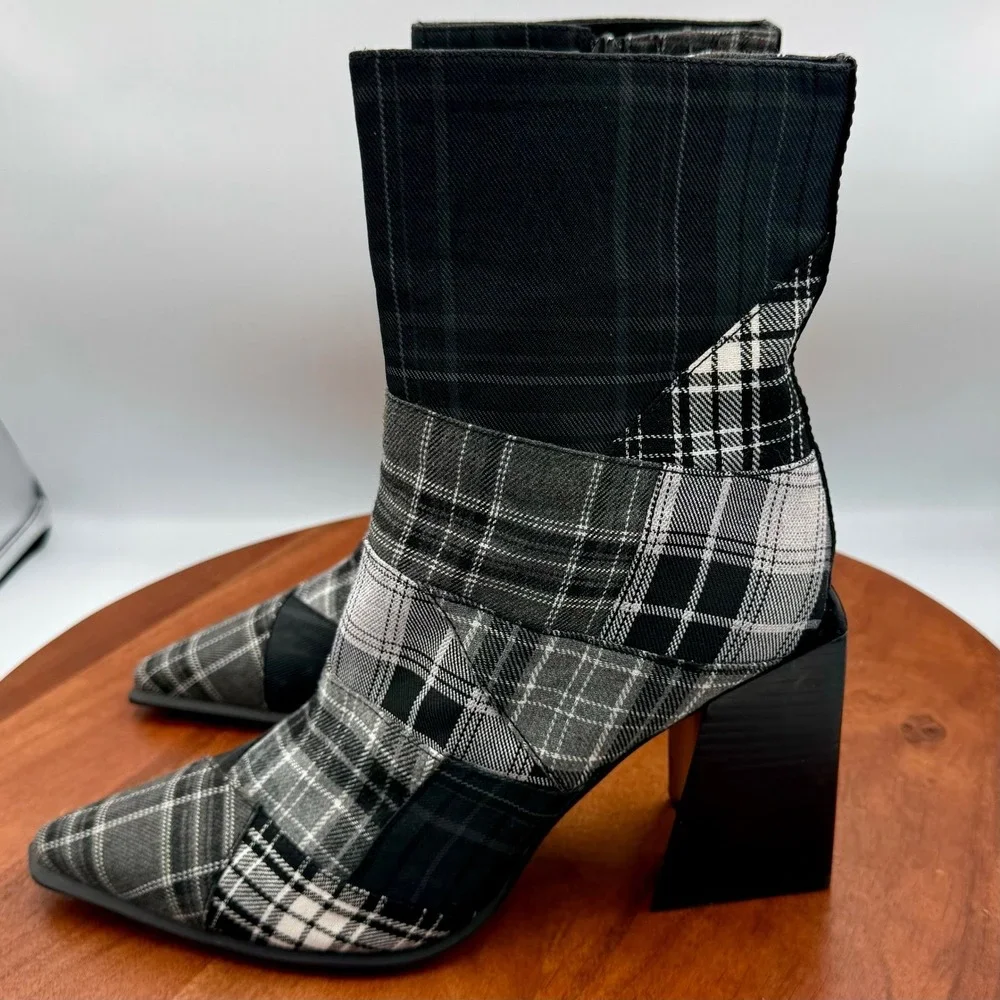 Jeffrey Campbell Siren Plaid Patchwork Ankle Boots Pointed Toe Black‎ Gray W 9
